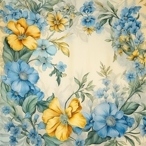 a yellow, blue and soft green floral pattern as a border, in the style of nostalgic paintings, ink square outline along the border, atmospheric color washes, photorealistic painting, romantic use of light, luxurious fabrics, wallpaper, romantic scenery
