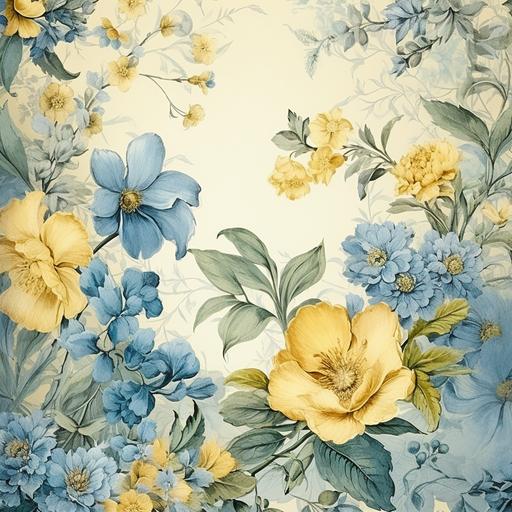 a yellow, blue and soft green floral pattern as a border, in the style of nostalgic paintings, border, atmospheric color washes, photorealistic painting, romantic use of light, luxurious fabrics, wallpaper, romantic scenery