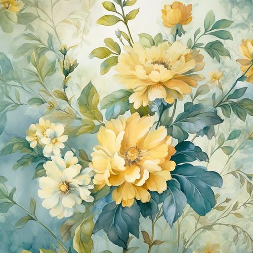 a yellow, blue and soft green small floral pattern, in the style of nostalgic paintings, florals on border only, atmospheric color washes, photorealistic painting, romantic use of light, luxurious fabrics, wallpaper, romantic scenery