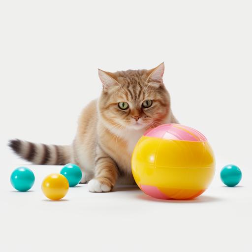 a yellow cat with a colorful roly-poly toy, white background, photo realistic, 4k