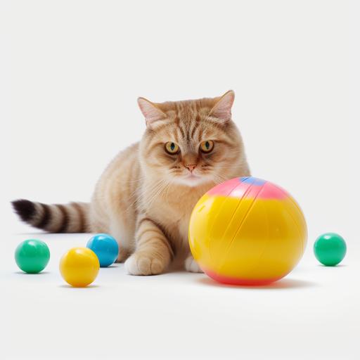 a yellow cat with a colorful roly-poly toy, white background, photo realistic, 4k