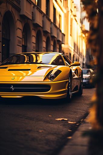 a yellow ferrari in a italian street, film photography, golden hour, close up headlights, top view, grain --ar 2:3
