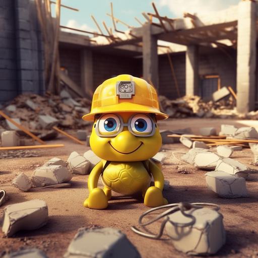 a yellow hardhat with four legs that looks like a funny turtle. On a construction site, rubble ground. comic, cartoon style photoreal --v 5.1