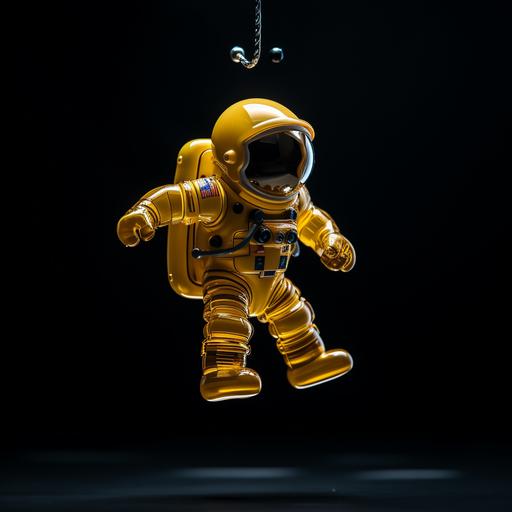 a yellow plastic toy astronaut floating against a black background