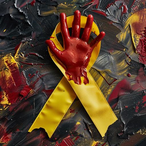 a yellow ribbon on a ketchup stained red ribbon with a scary hand stampped on it --v 6.0