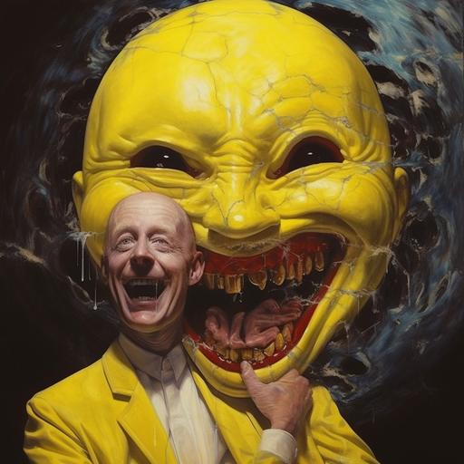 a yellow smiley face consuming a man’s body, face, yellow smiley face, distorted, eyes, duck feet