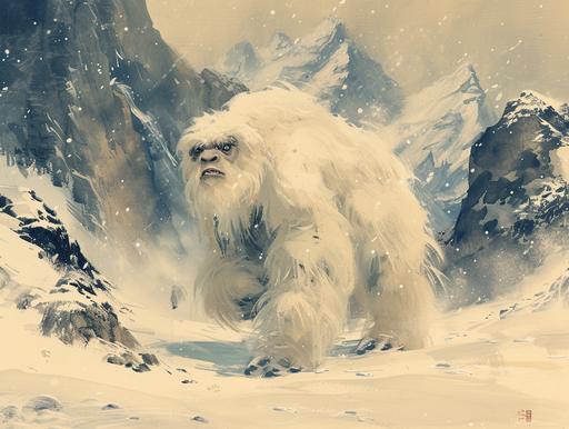 a yeti in its natural environment, beast with shaggy white fur, frigid snowy mountains, in the style of traditional Japanese art, ink wash, mountains and gently falling snow::1 splatter, polar bear::-0.35 --ar 4:3 --v 6.0 --style raw --s 250