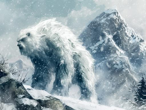 a yeti in its natural environment, beast with shaggy white fur, frigid snowy mountains, in the style of traditional Japanese art, ink wash, mountains and gently falling snow --ar 4:3 --v 6.0 --style raw