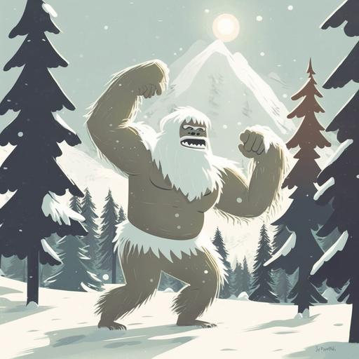 a yeti playing in the snow. Mountains. Pine trees. Cartoon