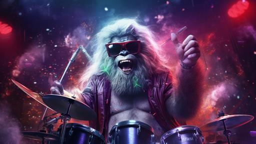 a yeti rockstar playing drums in a rockband on a stage, energetic, red and green and purple laser lights, adoring crowd, festive, highly detailed, photorealistic, --ar 16:9 --v 5.2