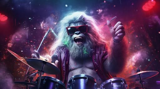 a yeti rockstar playing drums in a rockband on a stage, energetic, red and green and purple laser lights, adoring crowd, festive, highly detailed, photorealistic, --ar 16:9