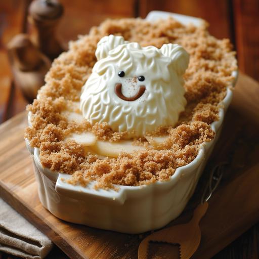 a yeti-shaped Brown Betty dessert requires adapting the traditional Brown Betty recipe, which typically consists of layers of sweetened and spiced fruit and buttered breadcrumbs or bread pieces, to fit a yeti-shaped mold. This adaptation involves using a mold to shape the dessert, allowing for a fun and thematic presentation. Here's how you could approach it: ### Yeti-Shaped Brown Betty Recipe Ingredients: