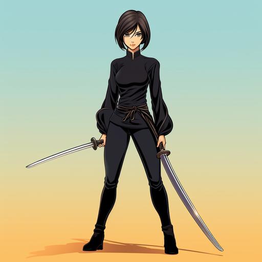 a young Japanese female ninja wearing a tight black cashmere sweater, black trousers, a tight fitting outfit, black combat boots, in manga style, young Japanese woman that looks like Setsuko Hara, long nose, noble face, reverse bob haircut, jet black hair, carrying a sword, carrying a katana, fit body, full body shot, vintage style, in the style of Rei Hiroe, looks like Yasujiro Ozu movies, looking into camera