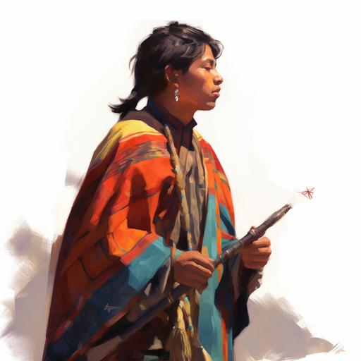 a young Peruvian flutist dressed in a poncho walking in profile