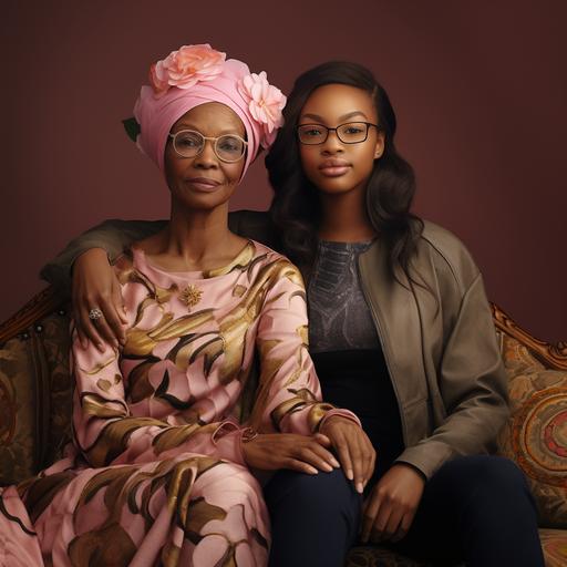 a young african american woman sitting on a rose gold colored couch with her african american grandmother