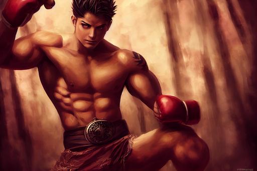 a young and handsome male fighter, manly, fantasy novelistic style art, anatomically correct, full body picture, anime boy style, muscular, attractive, UHD, --test --upbeta --creative --ar 1920:1080