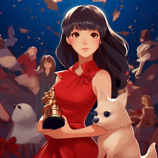 a young asian anime girl with dark short layered hair, bangs, in a blue classy red-carpet outfit at a music award event in studio ghibli illustration style. there is a white fox with a red tail situated next to her. the girl is in the middle of a red-carpet backdrop, and holding a silver trophy in the shape of an astronaut. detail focused on the overall scene rather than the girl herself.