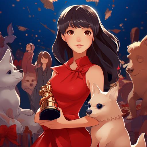 a young asian anime girl with dark short layered hair, bangs, in a blue classy red-carpet outfit at a music award event in studio ghibli illustration style. there is a white fox with a red tail situated next to her. the girl is in the middle of a red-carpet backdrop, and holding a silver trophy in the shape of an astronaut. detail focused on the overall scene rather than the girl herself.