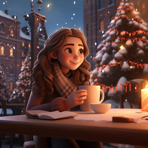 a young attractive lady sitting in a cafe under a christmas tree drinking hot chocolate, setting of holiday season and jars of hot chocolate with marshmallow sticks, cartoon 3d pixar