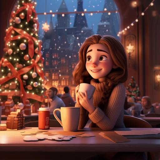 a young attractive lady sitting in a cafe under a christmas tree drinking hot chocolate, setting of holiday season and jars of hot chocolate with marshmallow sticks, cartoon 3d pixar