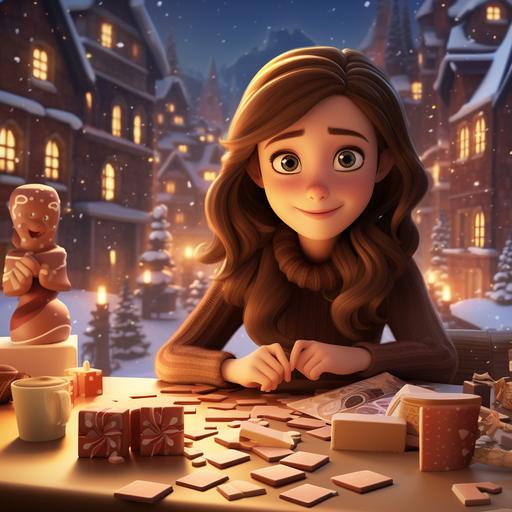 a young attractive lady sitting in a cafe under a christmas tree drinking hot chocolate, setting of holiday season and jars of hot chocolate with marshmallow sticks, pieces of chocolate bars and marshmallows on the table are important, surrounded by chocolate bars on the table, focus on hot chocolate, cartoon 3d pixar