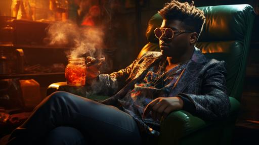 a young black male cool catboy jazz saxophone player, darkly lit club, in a spotlight on a stage in a smoky jazz club, airbrush style, sunglasses, a cigarette in an ashtray and a cocktail in a rocks glass on a stool beside him, torso shot, digital style --ar 1920:1080 --stylize 250 --chaos 15