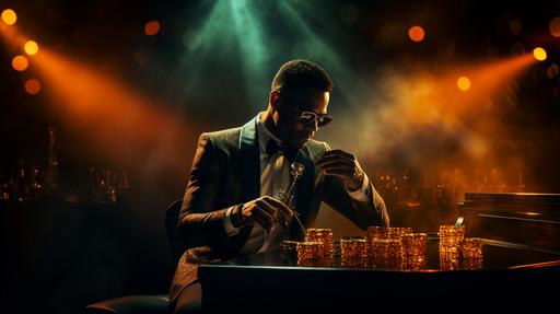 a young black male cool catboy jazz saxophone player, darkly lit club, in a spotlight on a stage in a smoky jazz club, airbrush style, sunglasses, a cigarette in an ashtray and a cocktail in a rocks glass on a stool beside him, torso shot, digital style --ar 1920:1080 --stylize 250 --chaos 15