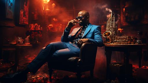 a young black male cool catboy jazz saxophone player, saxophone, darkly lit club, in a spotlight on stage in a smoky jazz club, airbrush style, sunglasses, a cigarette in an ashtray and a cocktail in a rocks glass on a stool beside him, torso shot, digital style --ar 1920:1080 --stylize 250 --chaos 15