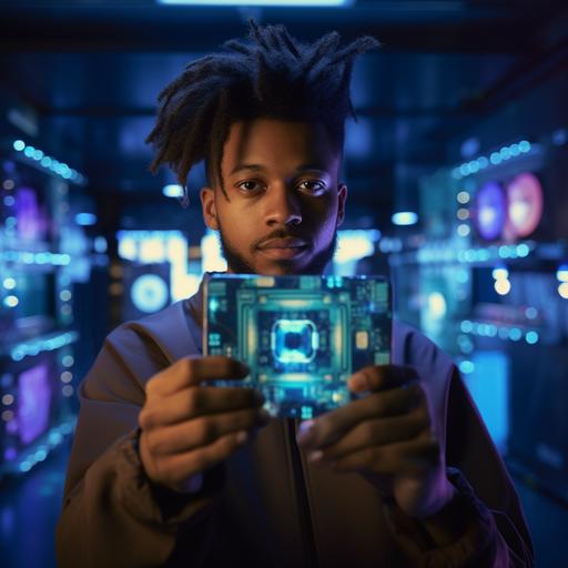 a young black man holding a futuristic extremelly secure digital lock wallet with money bills coming to life from the device, looking at the camera and showing people they must use double authentication, scene is focused on the lock, the rest is slightly blurred on the background. Cinematic, Hyper-detailed, DOF, Super-Resolution, Megapixel, Anti-Aliasing, FKAA, TXAA, RTX, SSAO, Post Processing, Post Production, Hyper maximalist, Hyper realistic, Volumetric, Photorealistic, ultra photoreal, 8K, Super detailed, Volumetric lightning, HDR, Realistic, 16K, Sharp focus --v 5