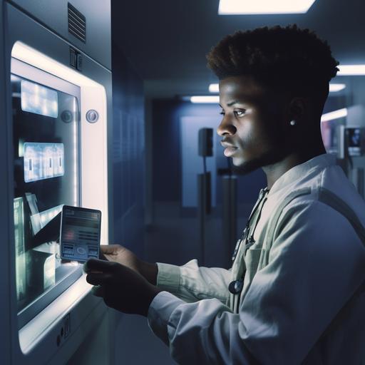 a young black man in a medical screening facility in adelaide cbd, architecually unique design, natural lighting, glass, achromatic colour pallet, man is holding a futuristic extremelly secure digital lock wallet with money bills coming to life from the device, looking at the camera and showing people they must use double authentication. Cinematic, Hyper-detailed, DOF, Super-Resolution, Megapixel, Anti-Aliasing, FKAA, TXAA, RTX, SSAO, Post Processing, Post Production, Hyper maximalist, Hyper realistic, Volumetric, Photorealistic, ultra photoreal, 8K, Super detailed, Volumetric lightning, HDR, Realistic, 16K, Sharp focus --v 5