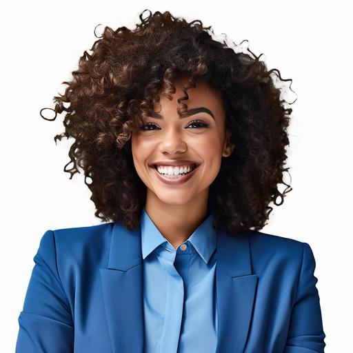 a young black woman smiling, curly beautiful hair, in a blue suit upclose picture 8k, white background, no shadows, png image, divine