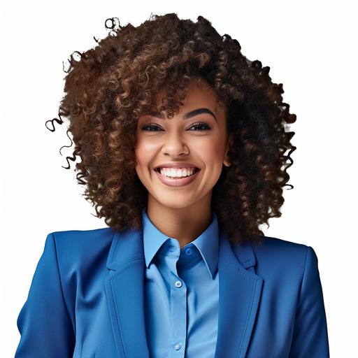 a young black woman smiling, curly beautiful hair, in a blue suit upclose picture 8k, white background, no shadows, png image, divine