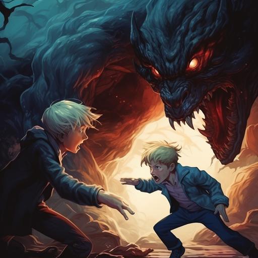 a young blond boy and his father fight monsters, dynamic pose, illustration, comics style, cartoon, horror ambiance, full of details, high detailed,