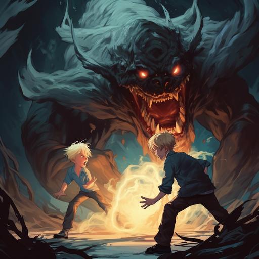 a young blond boy and his father fight monsters, dynamic pose, illustration, comics style, cartoon, horror ambiance, full of details, high detailed,