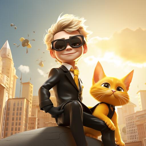 a young blonde boy wearing a yellow superhero costume riding a tuxedo cat with glasses on in a disney style cartoon 4K UHD