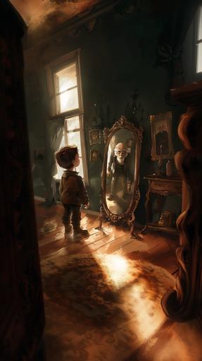 a young boy, 5, standing in a room, looking into an old fashion standing mirror, thereflection is of an old man, 85. looking at him, cartoon anime style --v 6.0 --ar 9:16