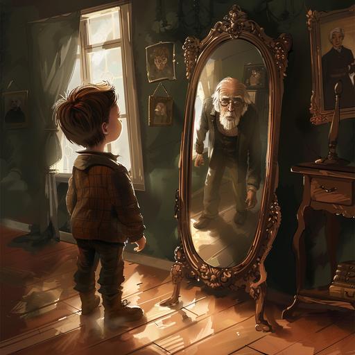 a young boy, 5, standing in a room, looking into an old fashion standing mirror, thereflection is of an old man, 85. looking at him, cartoon anime style --v 6.0