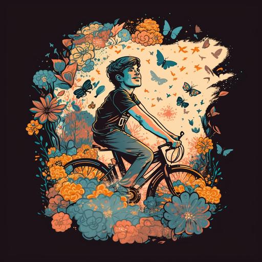 a young boy riding bicycle with smile on face. conveying sense of carefree joy, background of flowers and butterflies, t shirt desing, 90's inspired maximum 4 colours