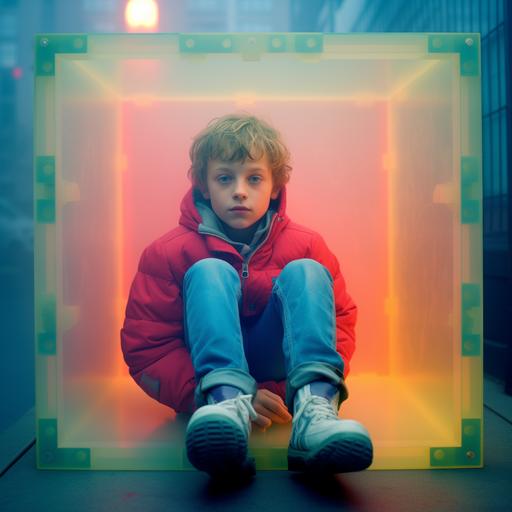 a young boy sitting in a transparent but colorful box. its foggy at dawn. The camera is a Nikkormat ftn 35mm photography. Beautiful composition in sharp focus. Shot in the style of Cindy Sherman