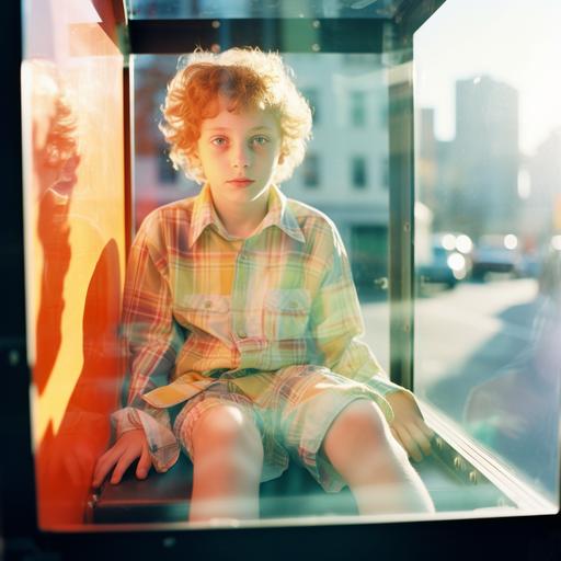a young boy sitting in a transparent but colorful box. its sunny at dawn. The camera is a Nikkormat ftn 35mm photography. Beautiful composition in sharp focus. Shot in the style of Cindy Sherman