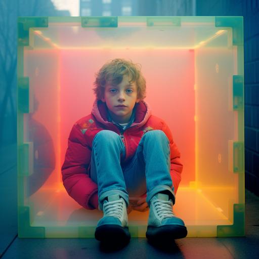 a young boy sitting in a transparent but colorful box. its foggy at dawn. The camera is a Nikkormat ftn 35mm photography. Beautiful composition in sharp focus. Shot in the style of Cindy Sherman