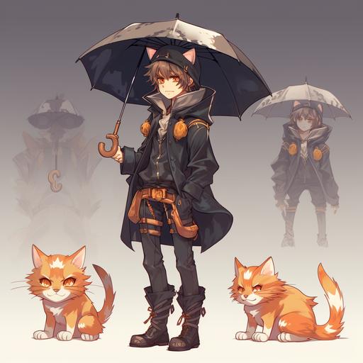 a young boy with endearing cat-like features and a stylish umbrella. Cat ears. Concept art.( (Genshin Impact stile) ). different angles. different poses. Full length drawing. official art
