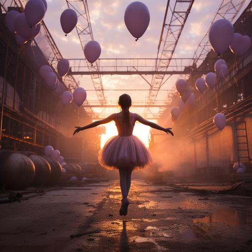 a young brown straight haird girl wearing a purple ballerina outfit holding a group of balloons above her head in a ballet pose in the middle of an industrial setting at sunset