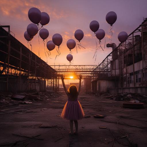 a young brown straight haird girl wearing a purple ballerina outfit holding a group of balloons above her head in a ballet pose in the middle of an industrial setting at sunset