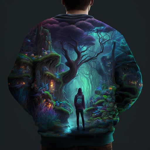 a young brunette man in a 3D animated sweatshirt looking at a hallucinogenic forest landscape