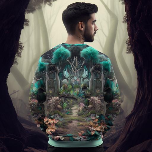 a young brunette man in a 3D animated sweatshirt looking at a hallucinogenic forest landscape