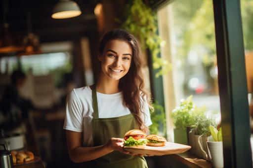 a young brunette waitress is serving a delicious panini to a customer in a cafe bistro, afternoon in summer sunny day, relaxing atmosphera, natural lights, photo quality, --ar 3:2