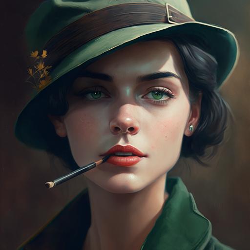 a young brunette woman with green eyes from the 1920s, wearing a hat with a cigarette in her mouth --v 4