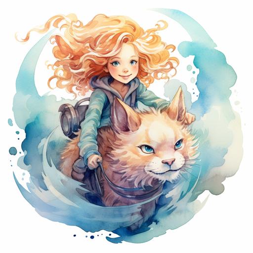 a young cartoon blonde curly hair girl riding a mystical cartoon lynx. splash of watercolours on the page, pastel colours, lynx must be more realistic