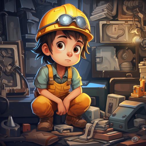 a young cartoon boy who is wearing hard yellow hat, near constraction equipment box of yellow constraction instrument at the same time he has wrench in hand looks like a young engineer and thinking a bit.